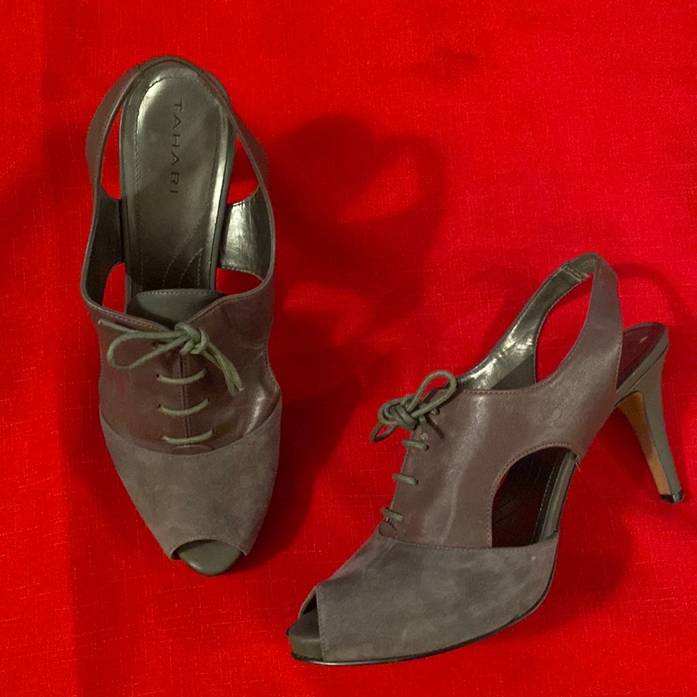 Grey suede and leather, peep toe, sling back , 2" heels